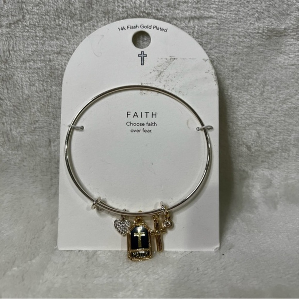 14k Flash Gold Plated Heart Bling Cross‎ Faith Charm Bangle Bracelet Gift